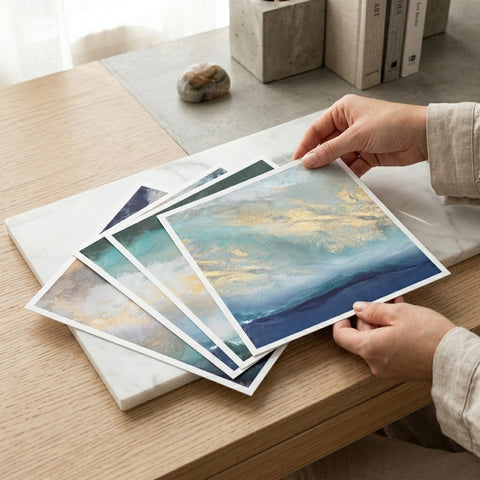 Set of 4 coastal abstract paper prints available unframed. Created and sold by artist Julia Contacessi