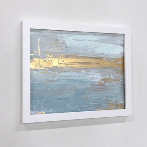 Following Light original artwork detail — luminous gold and blue abstract on plexi by Julia Contacessi