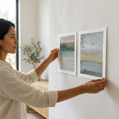 Woman holding set of two unframed original abstract painting by Julia Contacessi. The color palette a mix of fresh greens and soft yellows and cream.