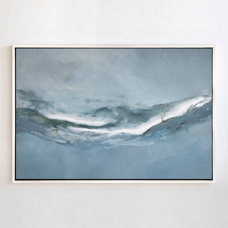 Origins abstract coastal framed canvas print, 42x28 inches, white floater frame, smoky blue and barely there green tones mixed with white.