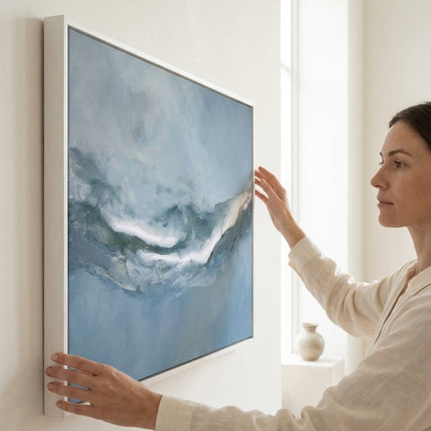 Origins abstract coastal canvas print wall display, white frame, blue and white palette