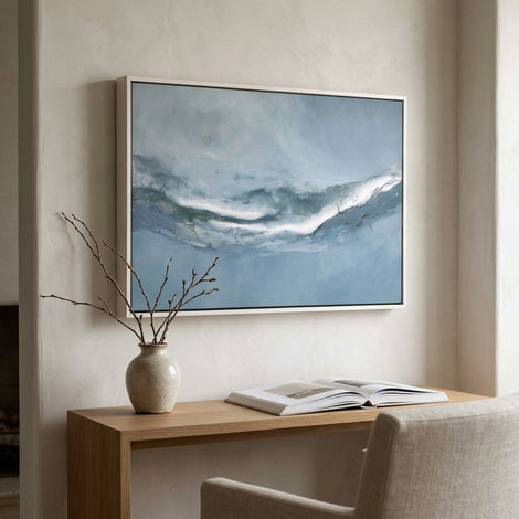 Origins framed canvas print installed in contemporary interior, white floater frame, lifestyle view