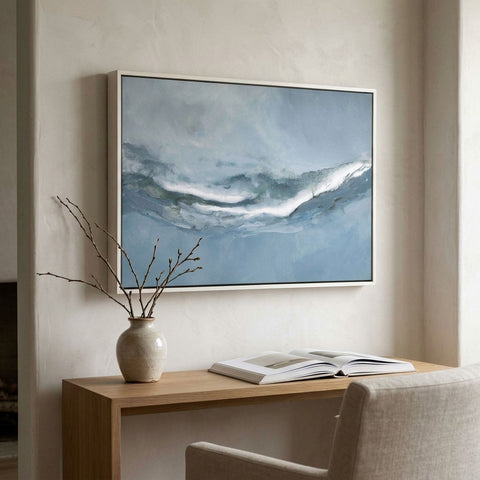 Origins framed canvas print installed in contemporary interior, white floater frame, lifestyle view