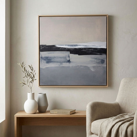 Still Motion No. 1 framed canvas print installed in contemporary interior, natural floater frame