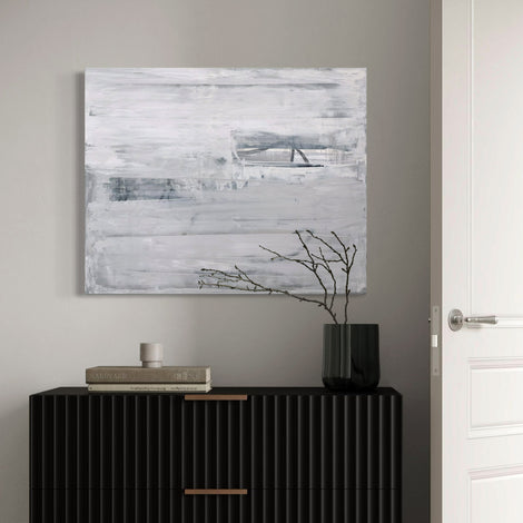 "Undone" original abstract 24x30 inch painting hanging above a modern dresser.
