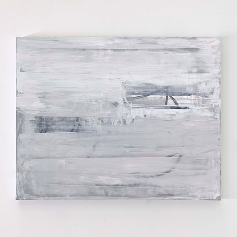 "Undone" original abstract gray and white brush strokes on a white background acrylic painting 24x30 displayed horizontally on wall — Julia Contacessi Fine Art