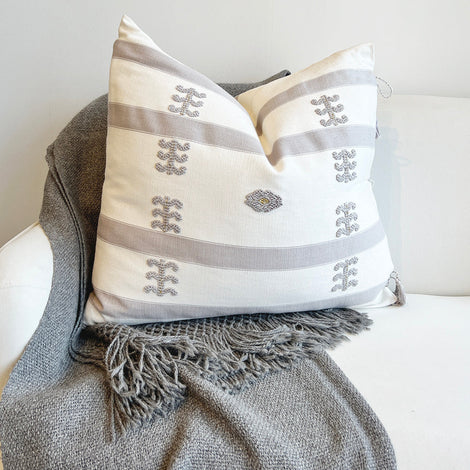 SALE 35% off - Virginia Cotton Throw Pillow White w/ Gray Embroidery